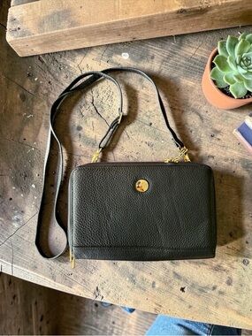 Levenger Black Pebbled Leather Crossbody with Gold Hardware